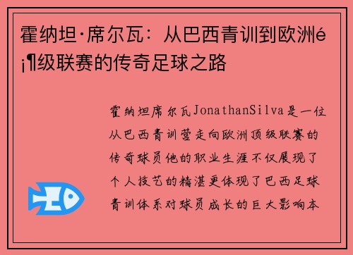 霍纳坦·席尔瓦：从巴西青训到欧洲顶级联赛的传奇足球之路